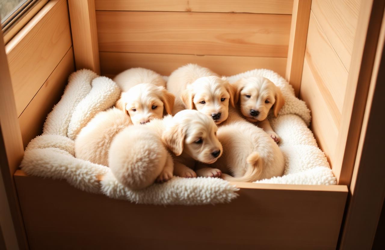 A litter of Goldendoodle puppies cuddled together in a whelping box