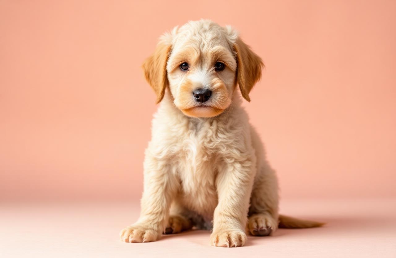 Curly cream F1b Goldendoodle puppy sitting against a soft peach background